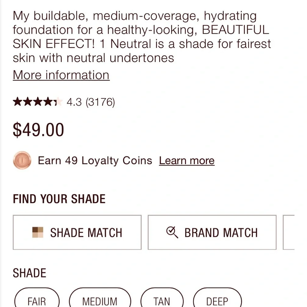 BNIB Charlotte Tilbury beautiful Skin Foundation 1N